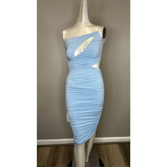 NWT Nookie One Shoulder Cutout Ruched Bodycon Envy Midi Dress Blue Size XS $280 - Picture 3 of 8